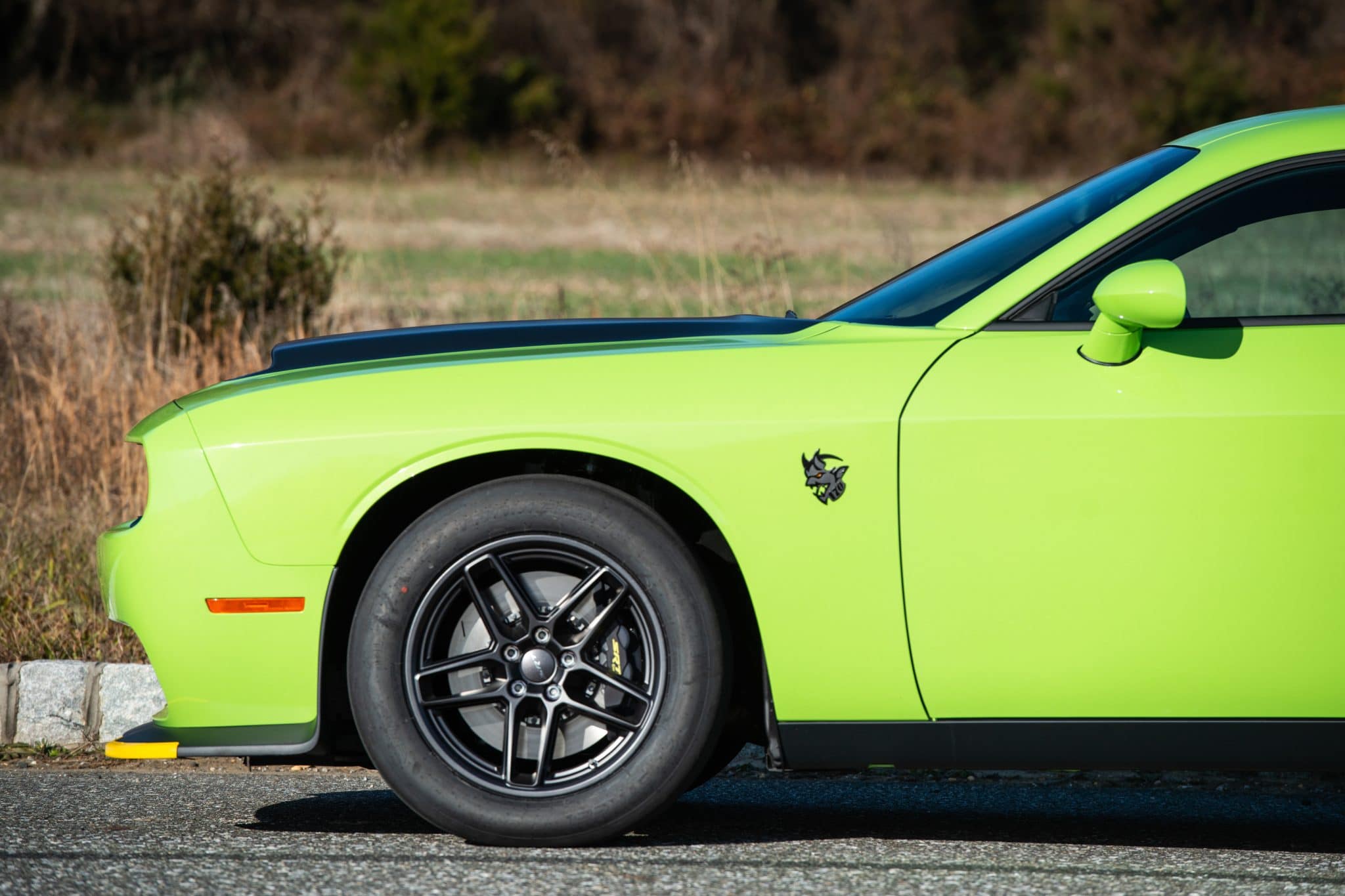 Front wheel, drag radial and brake caliper of a Dodge Challenger SRT Demon 170