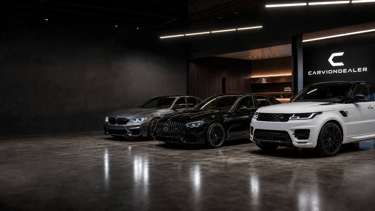 Three vehicles on the Carviondealer showroom floor in Kent, Washington — a BMW M sedan, a Mercedes-AMG coupe and a white Range Rover Sport — beneath the lit Carviondealer sign